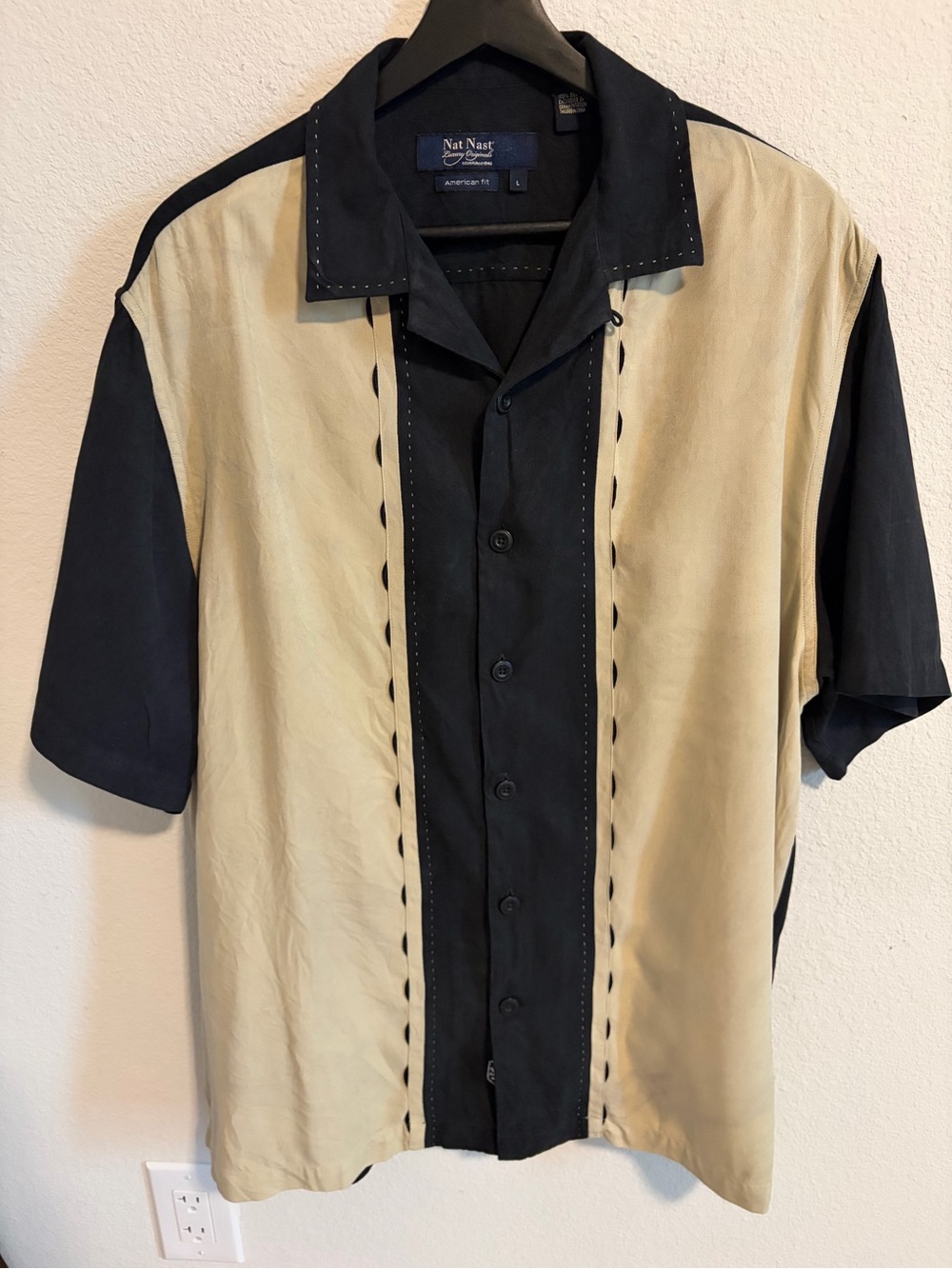 Vintage Nat Nast Silk Shirt Mens Large Black Tan/Hemp Relax Fit